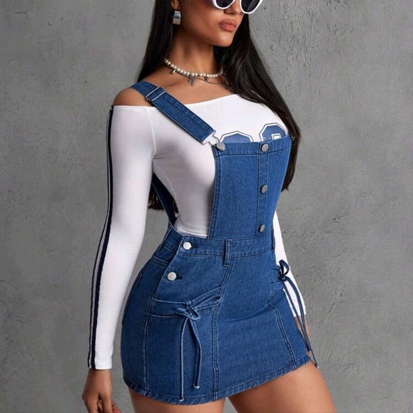 Women Casual Button Decor Pocket Strap Denim Overall Dress, Daily Wear - Picture 5 of 5